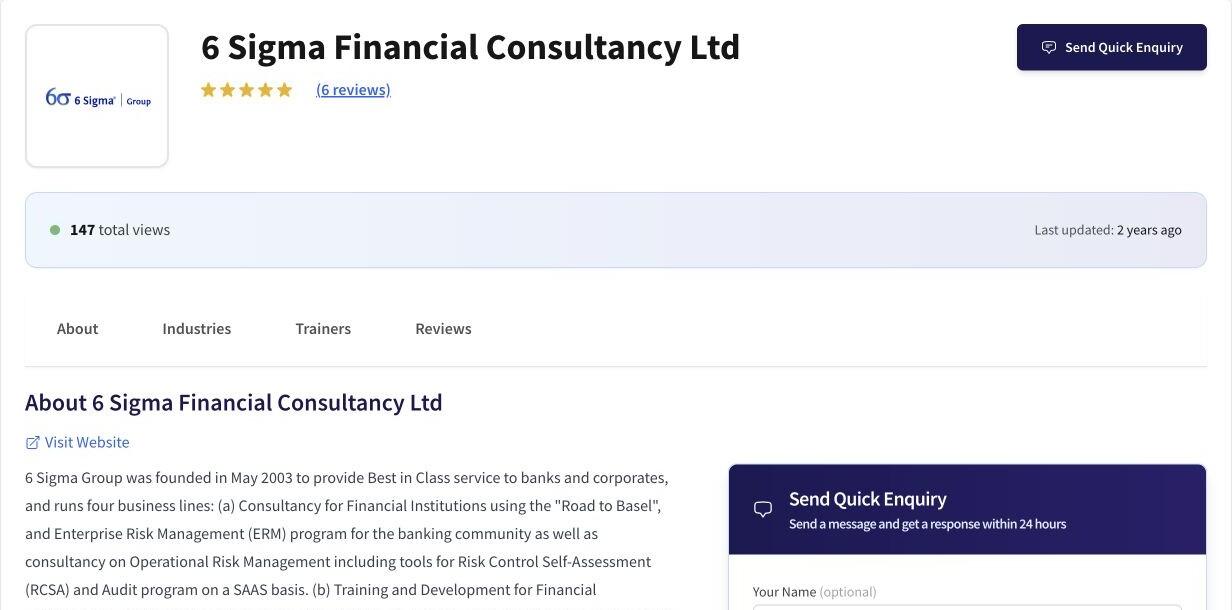 Real example of a free basic listing for 6 Sigma Financial Consultancy